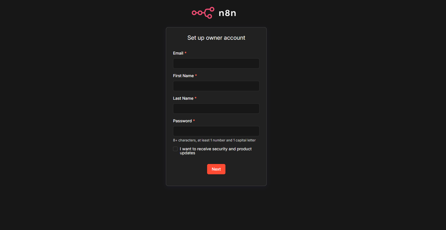 n8n signup screen